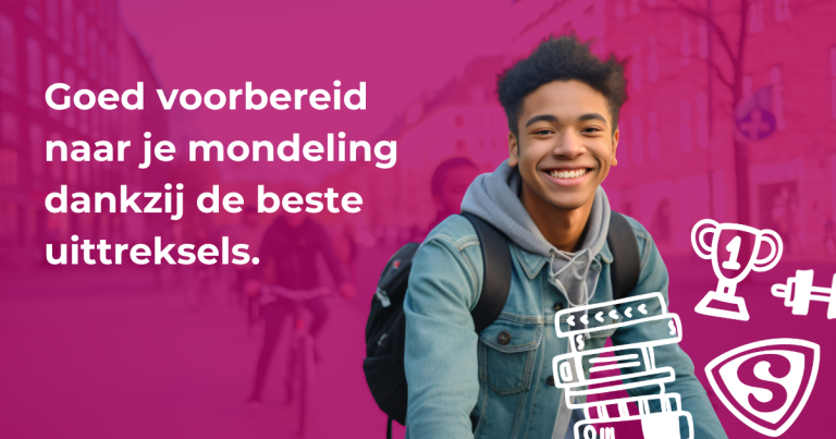 Goed voorbereid naar je mondeling dankzij de beste uittreksels. Met jongen met rugzak ernaast en doodles.