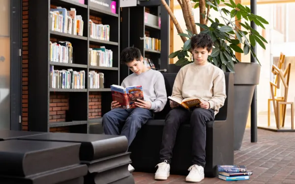 Twee jongens bladeren door boek