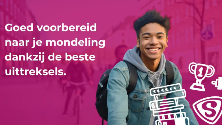 Goed voorbereid naar je mondeling dankzij de beste uittreksels. Met jongen met rugzak ernaast en doodles.